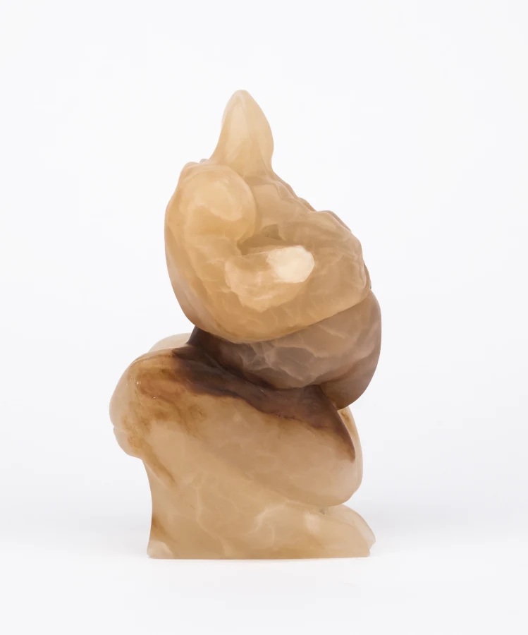 Marguerite Humeau,Venus of Kostenki, A 35-year-old female human has ingested a marmoset&#x27;s brain, 2020.Pink alabaster, 20 x 12 x 12 cm.Courtesy of the Artist and Private Collection.