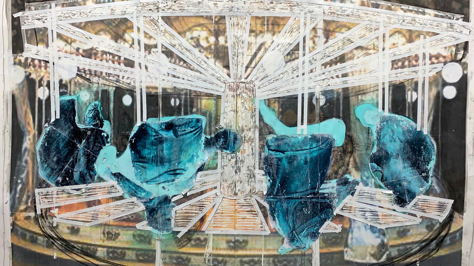 Baris Gokturk, The Carousel, 2019.Mixed media and image transfer on paper, 152.4 x 101.6 cm (60 x 40 in). Courtesy of the artist and Anaïs Lellouche.