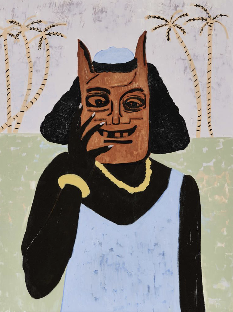 Cassi Namoda, Zambeziana remembers Tchaubo tongue, 2020. Oil and acrylic on cotton poly, 101.6 x 76.2 x 2.5 cm.Courtesy of the Artist and Musée d&#x27;Art Contemporain Africain Al Maaden (MACAAL), Marrakech.
