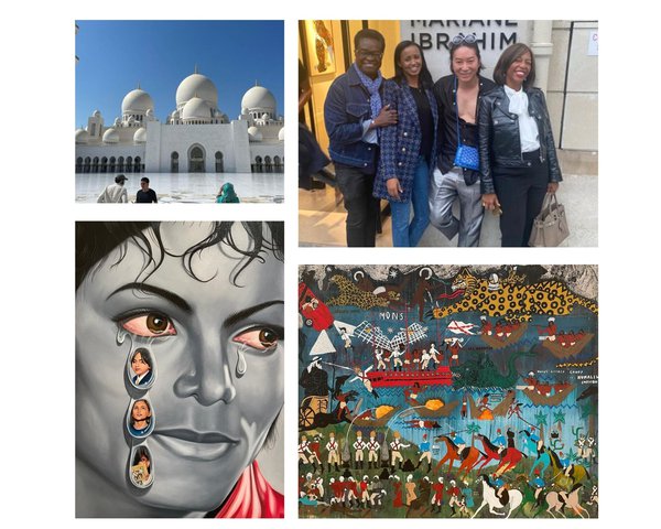 Top Left: Taj Arabia, Dubai. Courtesy of Demetrio Kerrison.Top Right: Demetrio Kerrison, Mariane Ibrahim Gallery, 18 Ave Matignon on the occasion of the inaugural Parisian show. Courtesy of Demetrio Kerrison.Bottom Left: Fulton Leroy Washington/MR. WASH, Michael Jackson Tears, 2010. Oil on stretched canvas,16 x 45.7 cm. Installation view at Made in LA, Hammer Museum, 2021. Photo: Demetrio Kerrison. Courtesy of Demetrio Kerrison.Bottom Right: Umar Rashid, The Battle of Malibu (In Three Parts) 1795: Part One, See battle. Little red corvette; Part Two, The death of Father Wiyot. If we can do this to a god, imagine what we&#x27;ll do to you; Part three, Surfriders vs the Jaguars from Mars (triptych), (detail), 2020. Installation view at Made in LA, Hammer Museum, 2021. Photo: Demetrio Kerrison. Courtesy of Demetrio Kerrison.