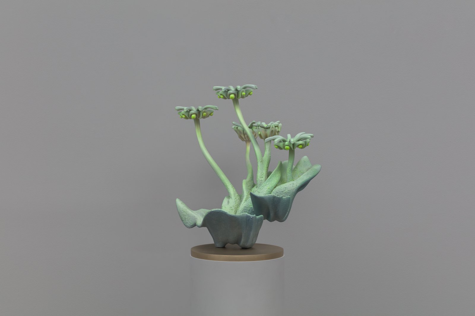 Marguerite Humeau, Marchantia, 2022, alternate view.Wax, sugars, mineral dust, glass, natural extracts, pigments, thermochromic pigments, plant-based and synthetic resin, nylon, bronze, work: 56 x 86.5 x 48.5 cm; overall: 151 x 86.5 x 48.5 cmCourtesy of the artist and CLEARING