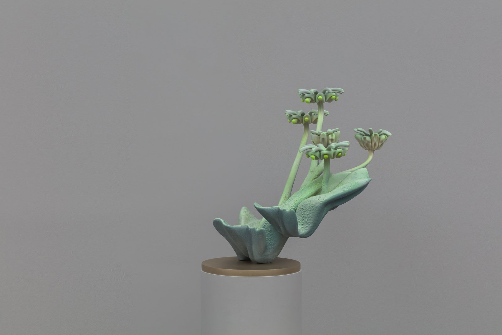 Marguerite Humeau, Marchantia, 2022, alternate view.Wax, sugars, mineral dust, glass, natural extracts, pigments, thermochromic pigments, plant-based and synthetic resin, nylon, bronze, work: 56 x 86.5 x 48.5 cm; overall: 151 x 86.5 x 48.5 cmCourtesy of the artist and CLEARING