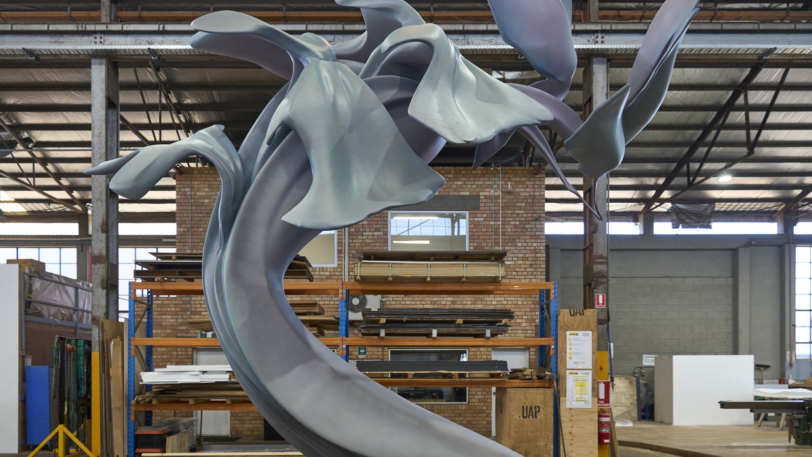 Marguerite Humeau, Leeuwin, 20223,5 m H × 2 m W × 3,75 m LCast Aluminium (100% recycled and resourced)Installation view at the UAP workshop, Brisbane
