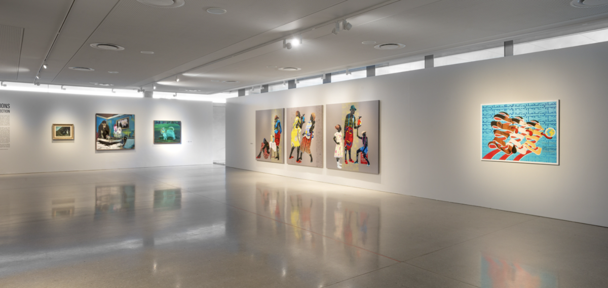 Right: Chéri Samba, College De La Sagesse, 2005.Acrylic on canvas, 120 x 150 cm.Courtesy of the artist and the Norval Foundation.Left: Eddy Kamuanga Ilunga, Conscience Fragile, 2019.Acrylic and oil on canvas.Installation view, Recent Acquisitions from the Homestead Collection.Photo: Mike HallCourtesy of the artist and the Norval Foundation.