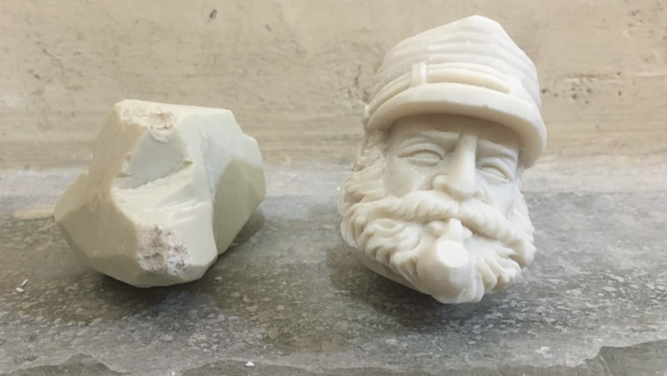 A Carved Civil War Figure Head Next to Raw Meerschaum.Courtesy of the artist.