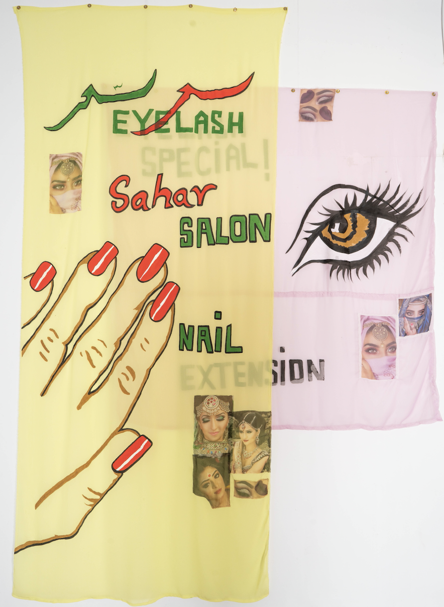 Hangama Amiri, Sahar, Nail Salon and Eyelash Extensions #3 (detail), 2020 Chiffon, acrylic paint, and inkjet prints on silk, 311.15 x 217.17 cm (122.5 x 85.5 in) Courtesy of the artist and T293 Gallery