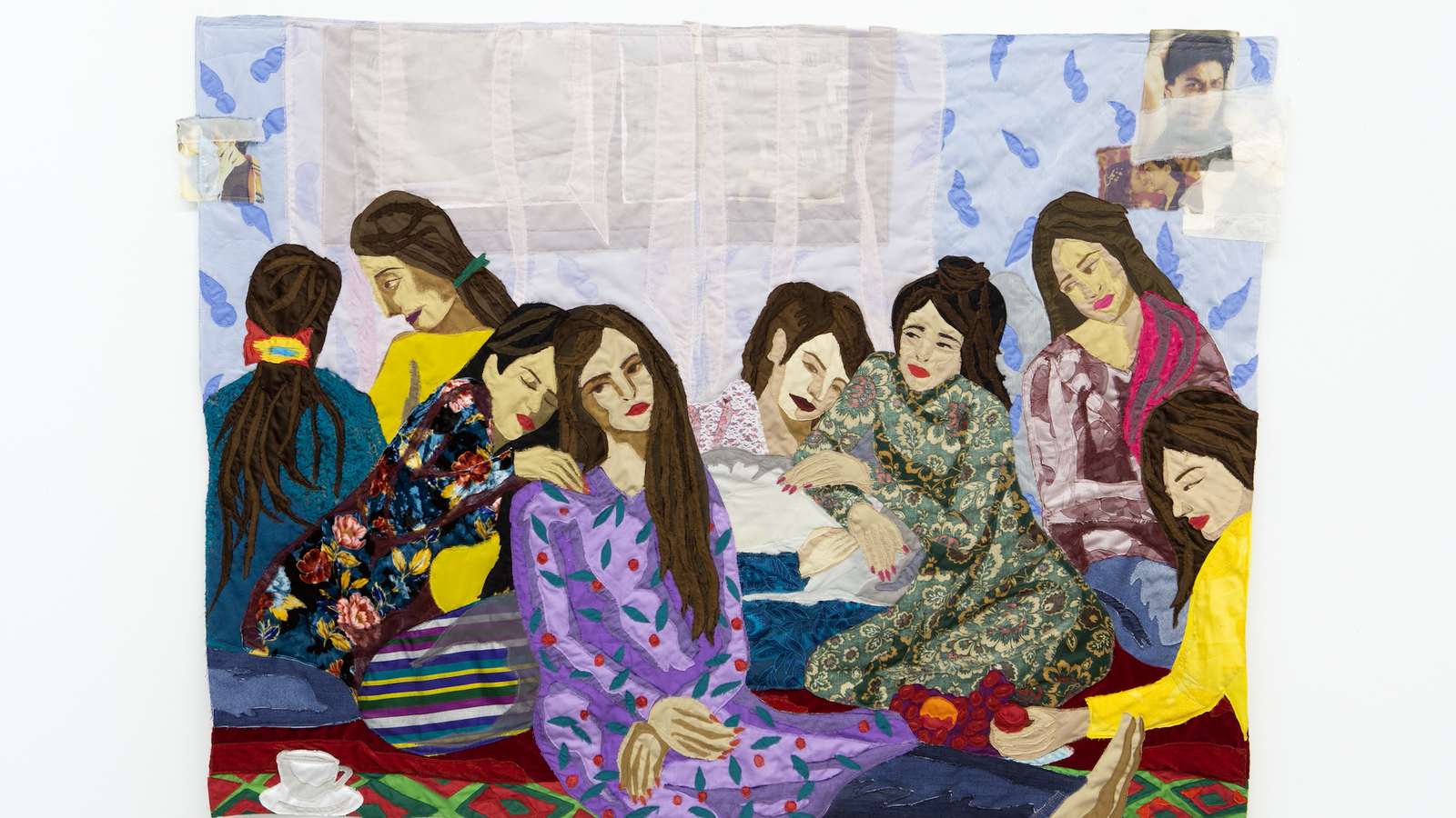 Hangama Amiri, Eight Seated Women, 2021Chiffon, cotton, muslin, polyester, velvet, silk, inkjet-print on chiffon, paper, and colour pencil on fabric, 112.92 x 152.4 cm, (44.6 × 60 in)Courtesy of the artist and T293 Gallery