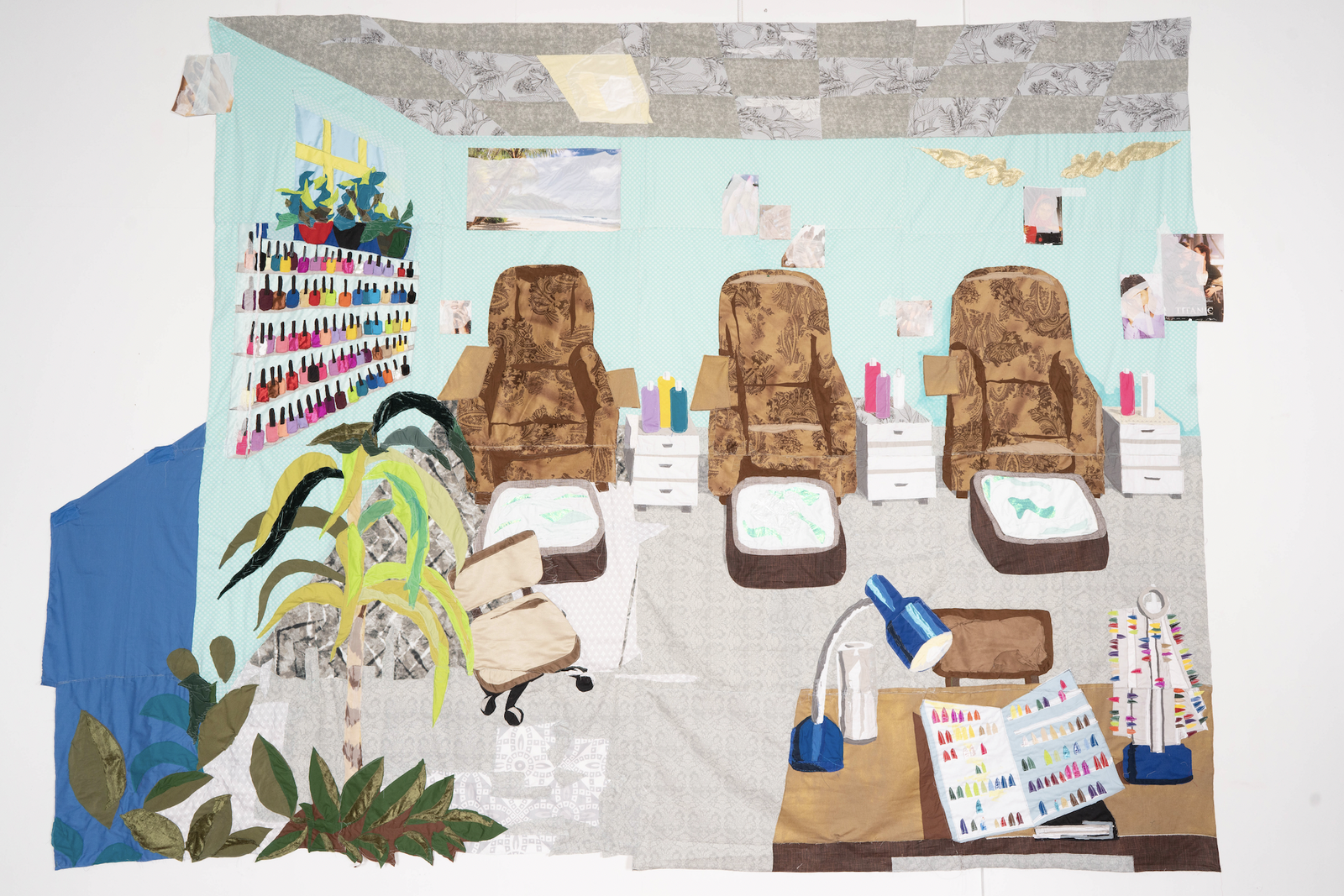 Hangama Amiri, Sahar, Nail Salon #1 (detail), 2020. Cotton, chiffon, muslin, silk, suede, paper, clear plastic, inkjet prints on paper, marker, polyester, and found fabric, 289.14 x 387.35 cm (111 x 152.5 in)Courtesy of the artist and T293 Gallery.