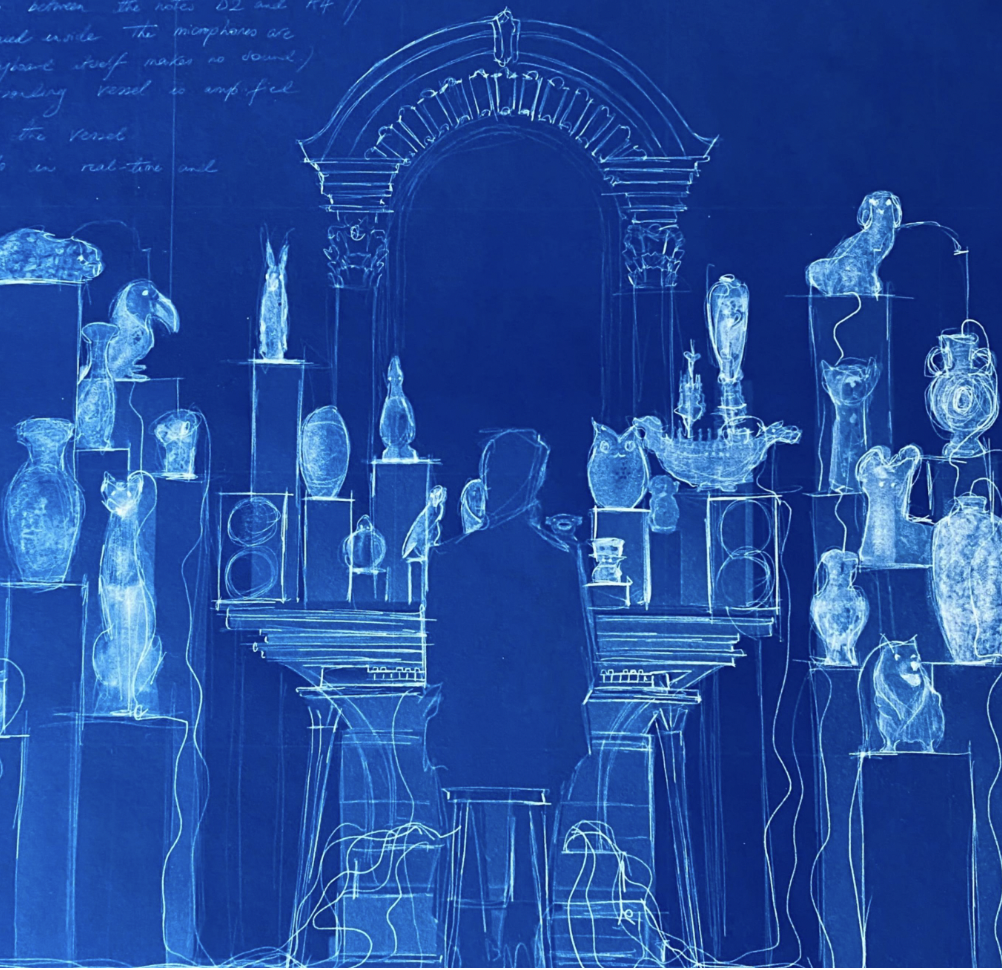 Oliver Beer, Cyanotype Drawing for Little Gods (Chamber Organ), 2022 (Detail) - Cyanotype print, 51 x 61cm.Edition of 35.Courtesy of the artist and Almine Rech © Oliver BeerGroup exhibition &#x27;Uncombed, Unforseen, Unconstrained&#x27;Collateral Event of the 59th International Art Exhibition - La Biennale di VeneziaCurated by Ziba Ardalan, Founder, Artistic and Executive Director of Parasol UnitApril 23 - November 27, 2022 I Conservatorio di Musica Benedetto MarcelloThe exhibition is organised by Parasol Unit
