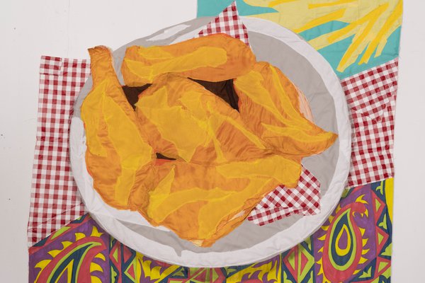 Hangama Amiri, Still-Life with Fried Chicken and Fries, 2021. Chiffon, muslin, cotton, polyester, silk, acrylic paint and found fabric, 114.30 x 99.06 cm (45 x 39 in). Courtesy of the artist.