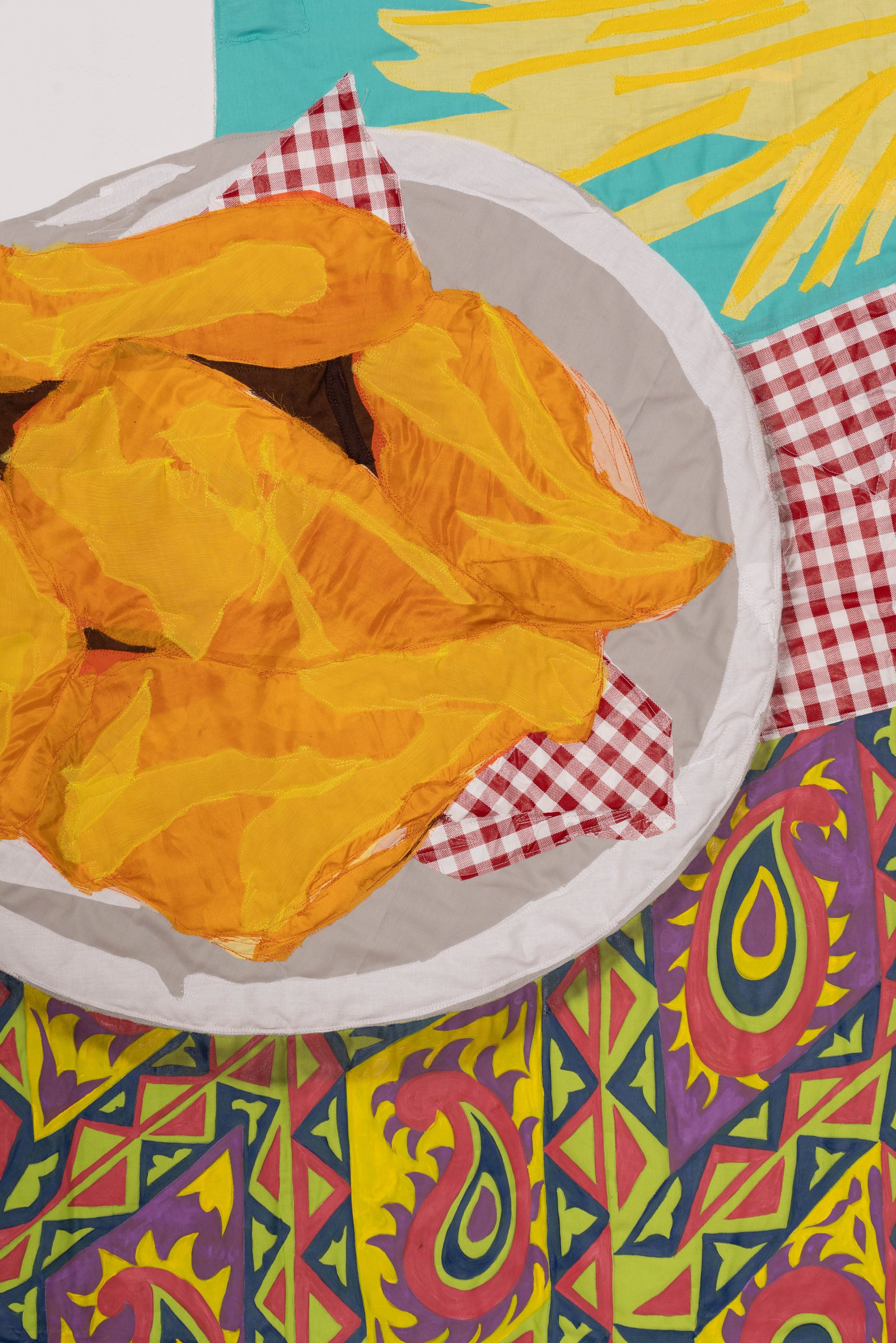 Hangama Amiri, Still-Life with Fried Chicken and Fries, 2021Chiffon, muslin, cotton, polyester, silk, acrylic paint, and found fabric, 114.30 × 99.06 cm (45 × 39 in)Courtesy of the artist and T293 Gallery