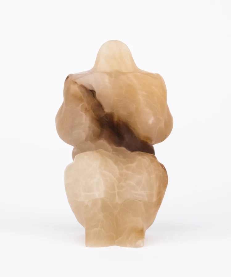 Marguerite Humeau,Venus of Kostenki, A 35-year-old female human has ingested a marmoset&#x27;s brain, 2020.Pink alabaster, 20 x 12 x 12 cm.Courtesy of the Artist and Private Collection.