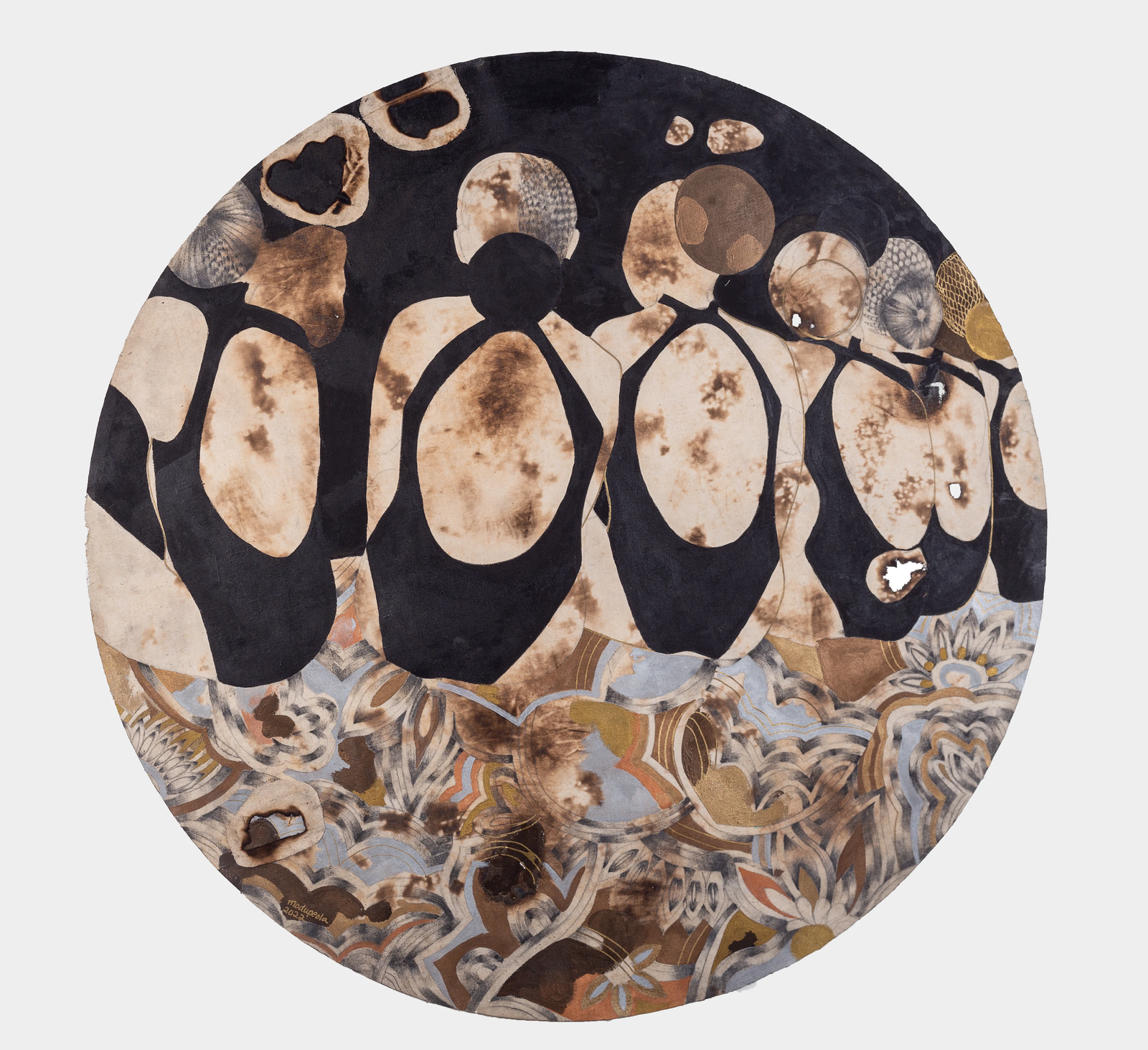Modupeola Fadugba, Floral Focus, 2022,Acrylic, graphite, and metal leaf on burned canvas, 45 inch diameterCourtesy of the artist and Gallery 1957