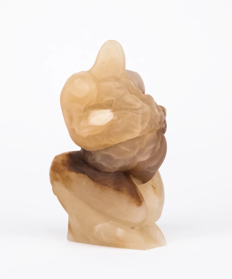 Marguerite Humeau,Venus of Kostenki, A 35-year-old female human has ingested a marmoset&#x27;s brain, 2020.Pink alabaster, 20 x 12 x 12 cm.Courtesy of the Artist and Private Collection.